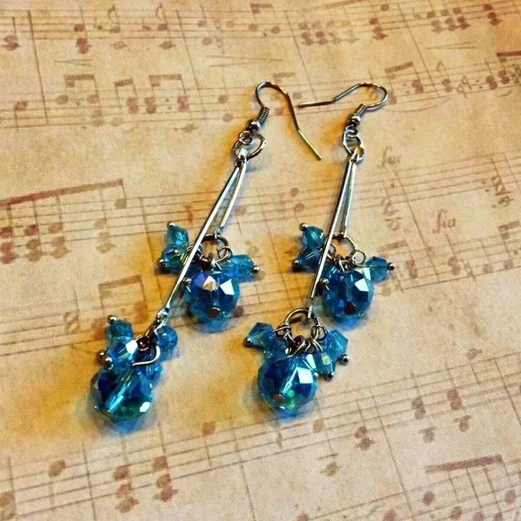 Hand Crafted Light Blue Faceted Czech Crystal 80mm Long Twin Dangle Earr… - Picture 3 of 5